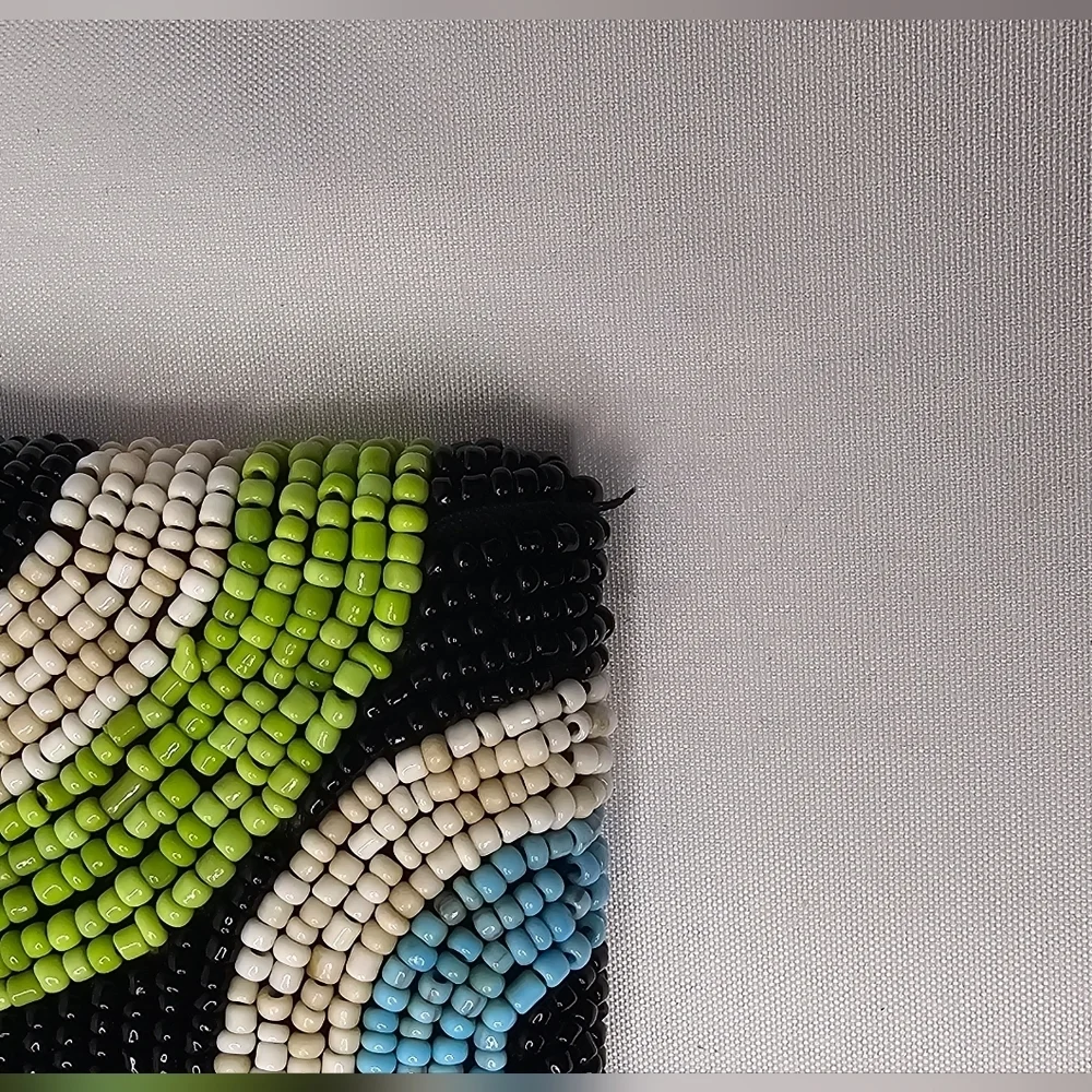 Vintage Beaded Zip Clutch Retro Purse Green & Brown MCM Circle Motif Pouch - Picture 8 of 8